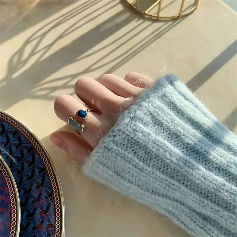FTCY Quadratischer blauer Tropfglasur-Ring für Frauen, Retro, geometrisch, goldfarben, Metall-Öffnungsringe, Hochzeit, Geburtstag, Damenschmuck, Geschenk