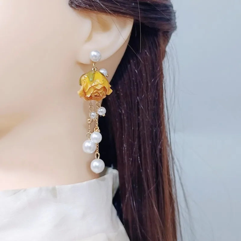 Einzigartige getrocknete Blumenohrringe, elegante natürliche Rose, Blumenperle, Quaste, lange Ohrringe, Epoxidharz, Rosenohrringe, Schmuck im Großhandel