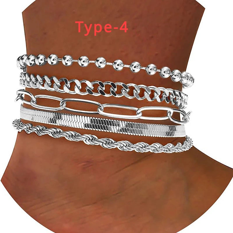 5 Stück/7 Stück 14K vergoldetes Fußkettchen Cuban Link Figaro Büroklammer Seil Fischgrätenkette Fußkettchen Set Geschenk für Frauen Mädchen