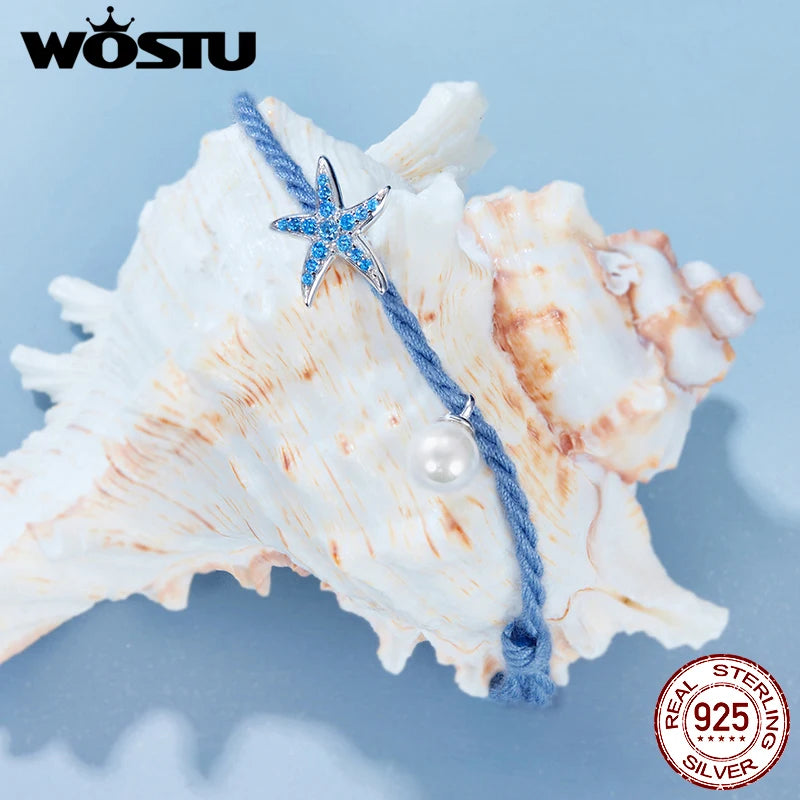 WOSTU Glücksstern-Armband aus 925er-Sterlingsilber, Seestern, Perle, Handseil, blau, Sommer, süß, für Frauen, verstellbar, Geschenk, edler Schmuck