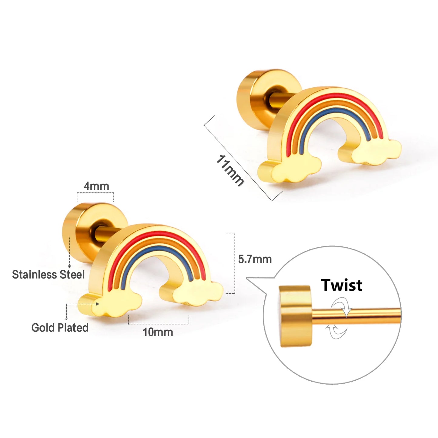 LUXUKISSKIDS Ohrstecker aus chirurgischem Stahl für Mädchen/Frauen, Erdbeere, Regenbogen, niedliches romantisches Piercing, winziger Schmuck mit hypoallergenkeit
