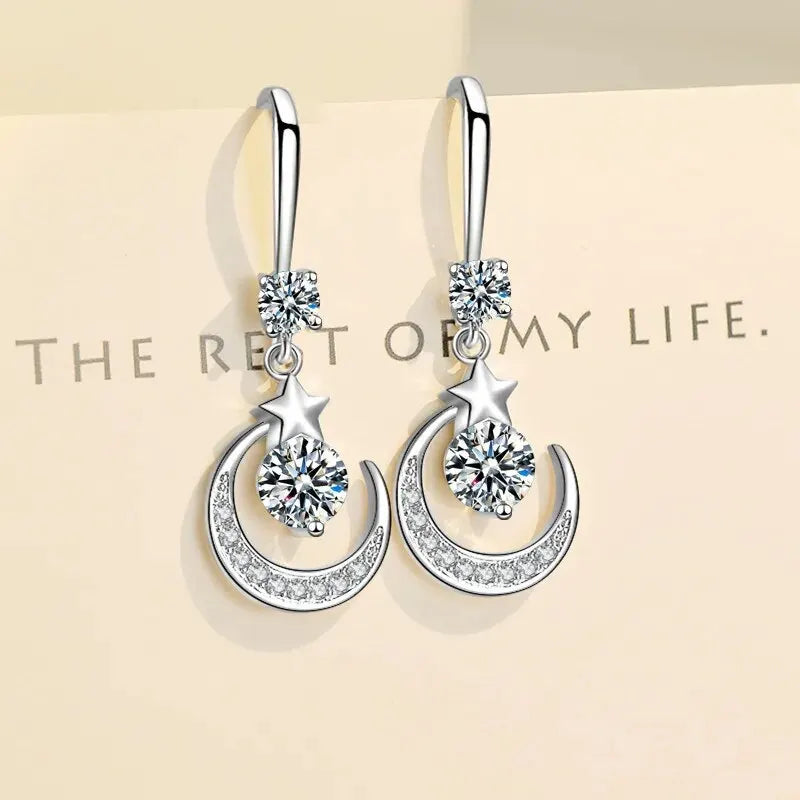Weibliche Mode Stern Mond Ohrringe 925 Sterling Silber Weißer Saphir Rosa Blau Weiß Künstliche Baumeln Ohrringe