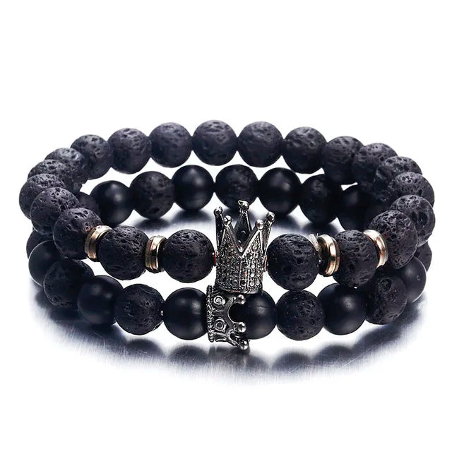 8MM Weiß Kiefer Vulkanstein Armband Elastischen Faden Eingestellt Perle Neue Vulkanstein Krone Armband Für Frauen Männer Schmuck geschenk