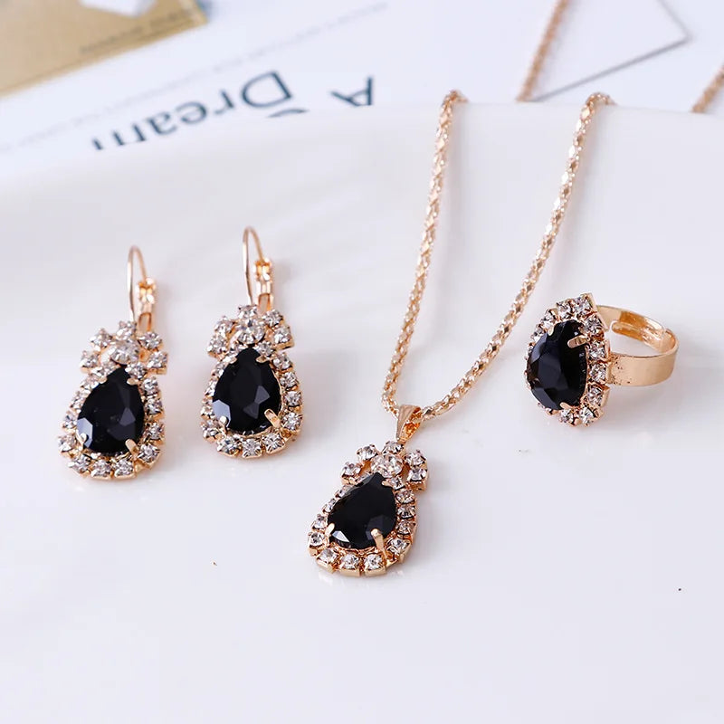 Blauer Kristall Ring Halskette Ohrringe Set Hochzeit Schmuck Sets für Bräute Anhänger Ohrringe für Mädchen Frauen Afrikanische Schmuck Sets