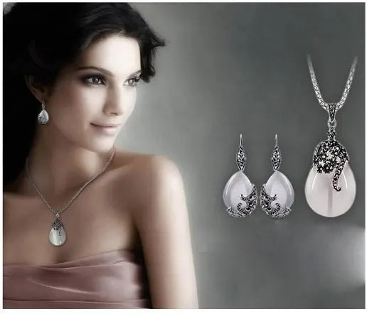 Vintage 925 Sterling Silber Schmuck Sets Für Frauen Mode Wasser Tropfen Form Cat Eye Stein Anhänger Halskette Ohrring Set