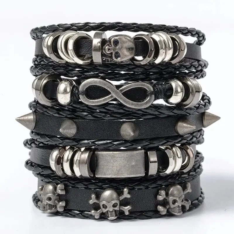 5-teiliges DIY-Armband-Set aus geflochtenem Metall im Punk-Stil, mit Pu-Leder und Perlen