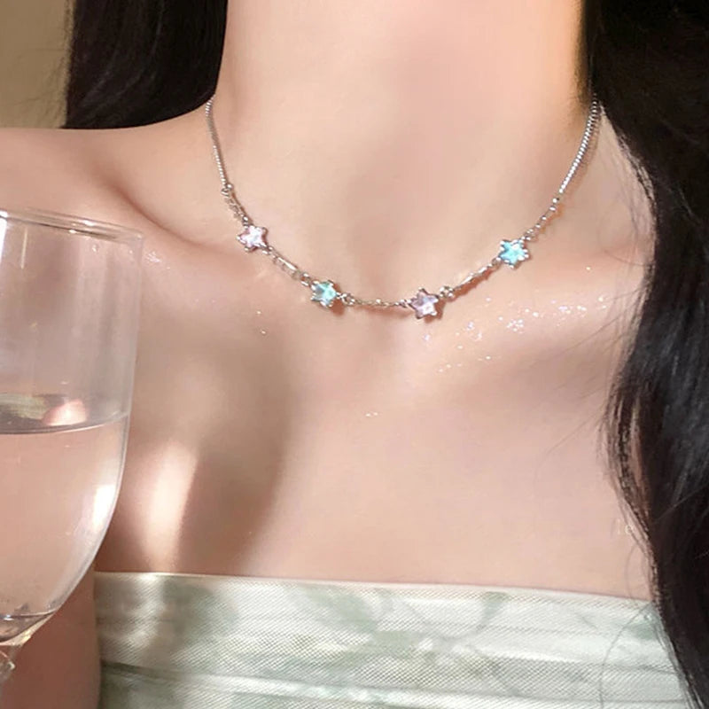 Mode Bunte Zirkon Stern Halskette Ohrringe für Frauen Süße Kühle Pentagramm Colliers Schlüsselbein Kette Ohrringe Y2K Schmuck Sets