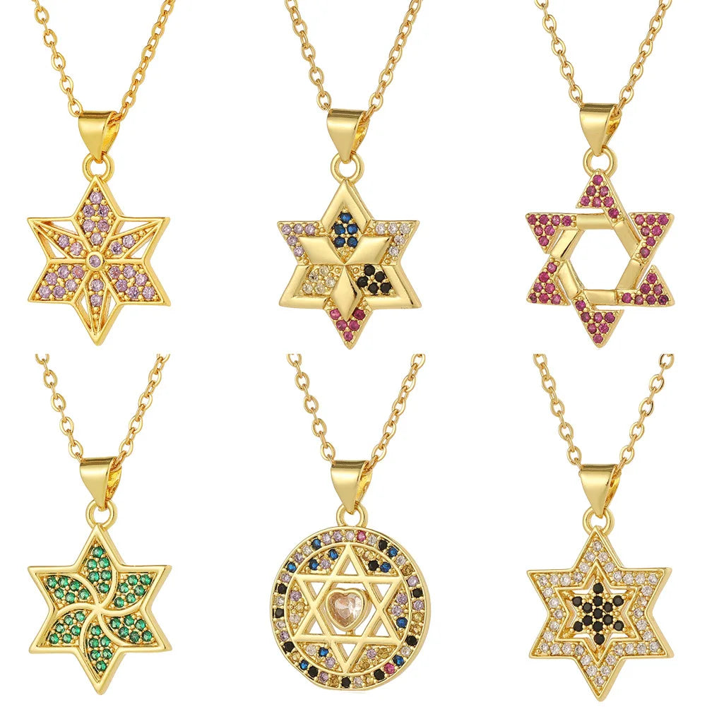 Kubischer Zirkonia-Kristall, jüdischer Davidstern, Anhänger, Kette, Halskette für Damen, vergoldetes Messing, CZ-Steine, Salomosiegel, Schmuck