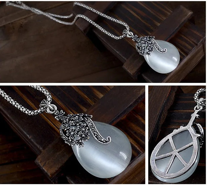Vintage 925 Sterling Silber Schmuck Sets Für Frauen Mode Wasser Tropfen Form Cat Eye Stein Anhänger Halskette Ohrring Set