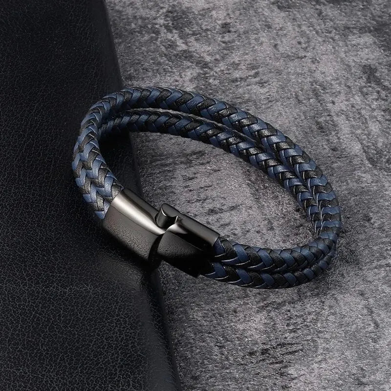Männer Schwarz Blau Geflochtenes Echtleder Armband Doppelband Armreif