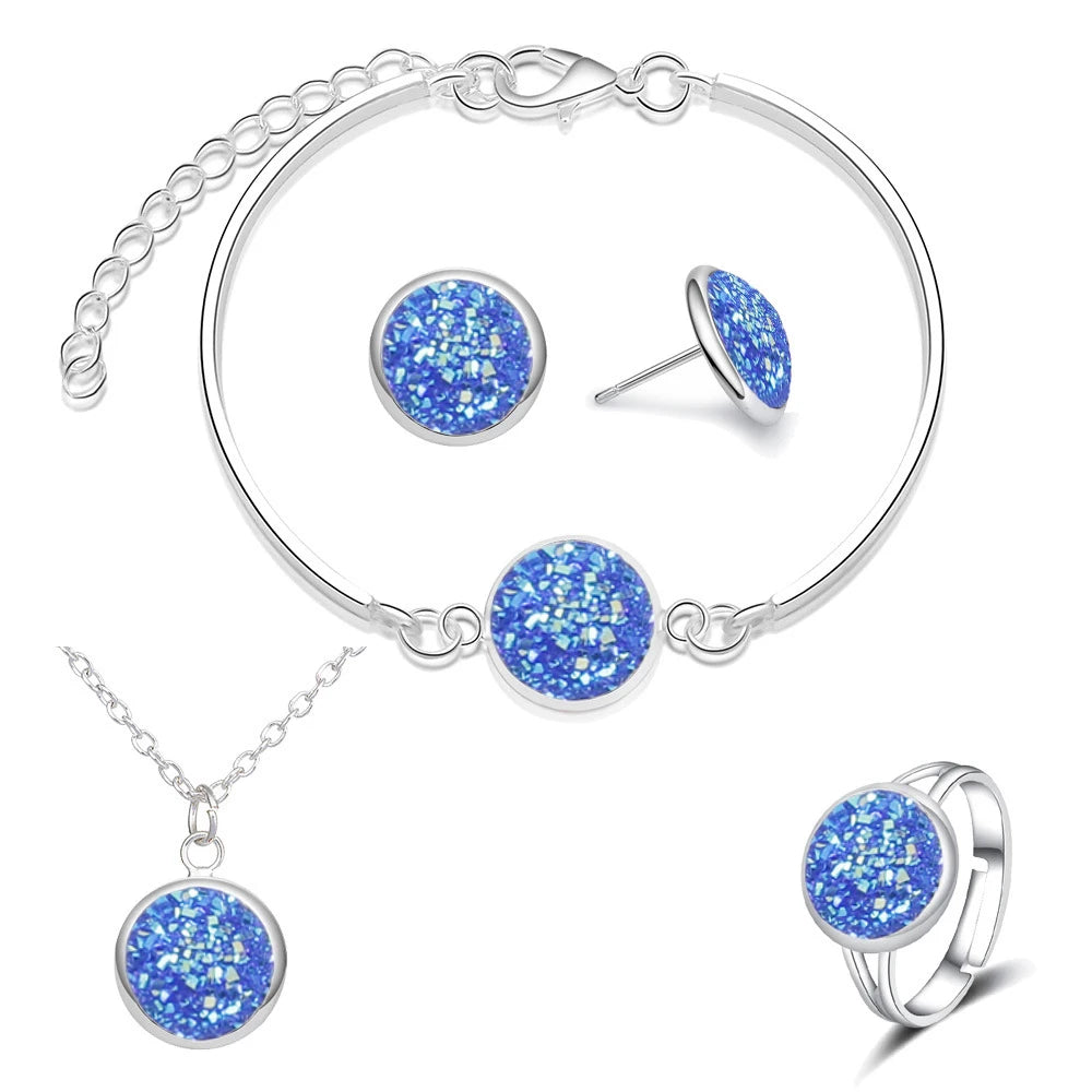 Luxuriöses Quartz-Strass-Schmuckset für Frauen, einfache runde Ohrringe, Halsketten-Set, Brautschmuck, 4-teilig, versilberter Schmuck