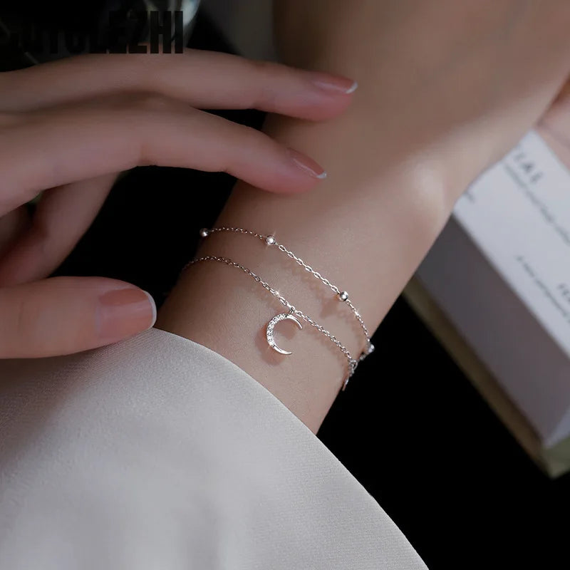 Armband aus 925er-Sterlingsilber für Damen, doppellagiges Stern- und Mond-Armband, faltbares Design-Sense-Sommer-Stern-Mond-Stern-Armband für Damen