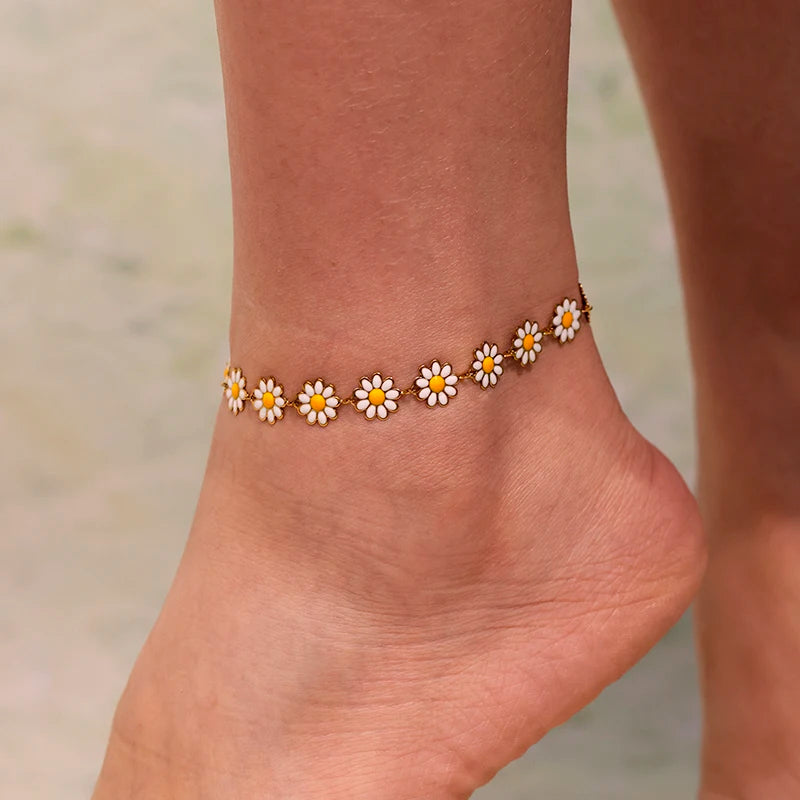 Nivora Emaille Kleine Chrysantheme Blume Kette Halskette Armbänder Fußkettchen Für Frauen Edelstahl Hochzeit Schmuck Sets