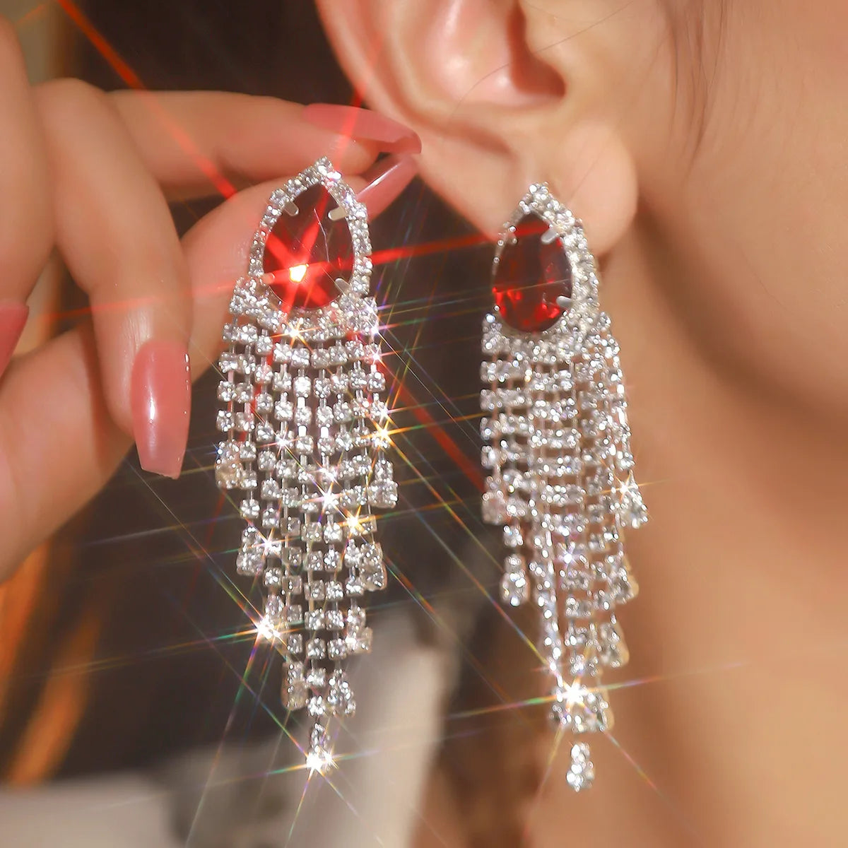 TREAZY Rot Kristall Teardrop Quaste Drop Ohrringe für Frauen Silber Farbe Strass Baumeln Ohrringe Hochzeit Brincos Femme