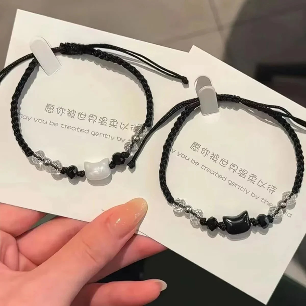 Süßes schwarz-weißes Kaninchen-Katzen-Armband, natürlicher Mondstein, Obsidian-Armbänder, Paar, minimalistisches Armband, handgefertigter Party-Schmuck, Geschenk