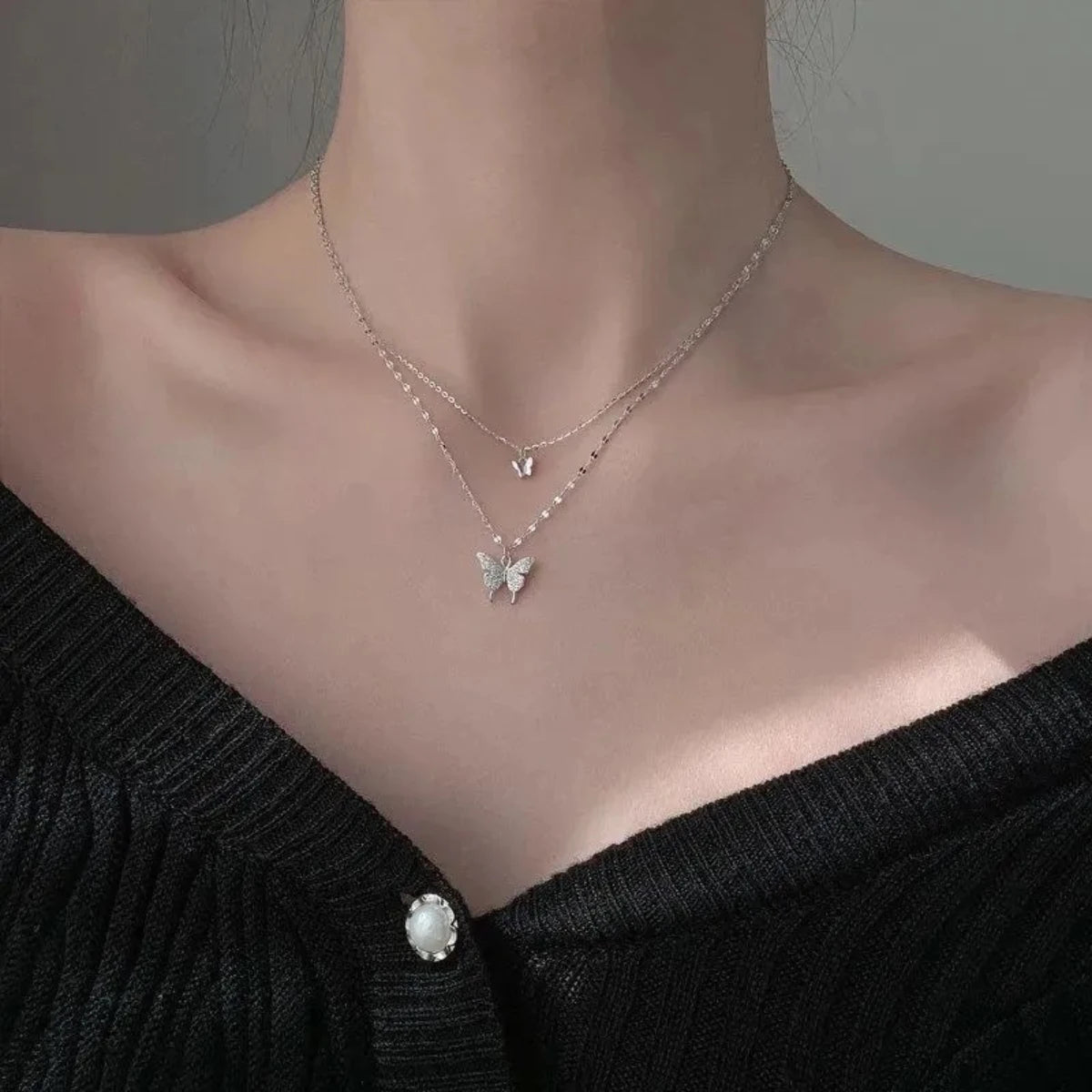 1 Damen Lats funkelnde Doppels chicht Schmetterling Halskette exquisite Doppels chicht Kragen Kette Schmuck Bankett Party Weihnachts geschenk