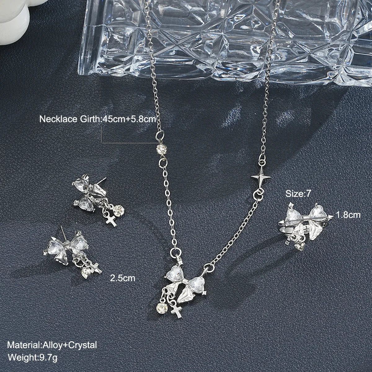 2024 Mode süße Zirkon Schleife Halskette Ohrringe Ringe Set drei Stück Silber Farbe elegante Luxus y2k Schmuck Set Party Geschenke antike