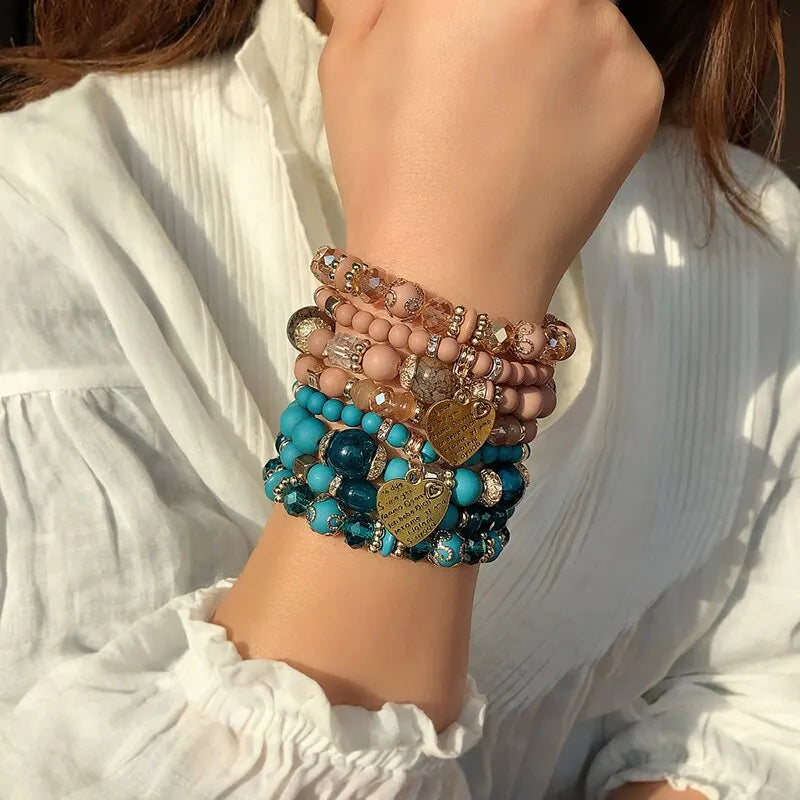 4 teile/satz Boho Strang Armbänder Für Frauen Kristall Perlen Armbänder Herz Brief Elastische Armreifen Armband Yoga Schmuck Geschenke