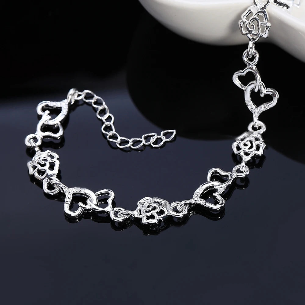Wunderschönes Armband aus 925er Sterlingsilber für Damen, Armband HERZ, schöne BLUMENkette, Mode, Hochzeit, Party, süße Dame, schöner Schmuck