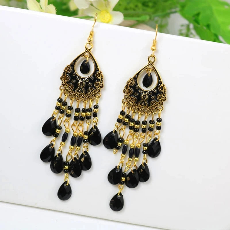 Bohemian Lange Bunte Quaste Perlen Wasser Tropfen Baumeln Ohrringe Für Frauen Vintage Gold Farbe Tropfen Glasur Ohrringe Pendientes Mujer