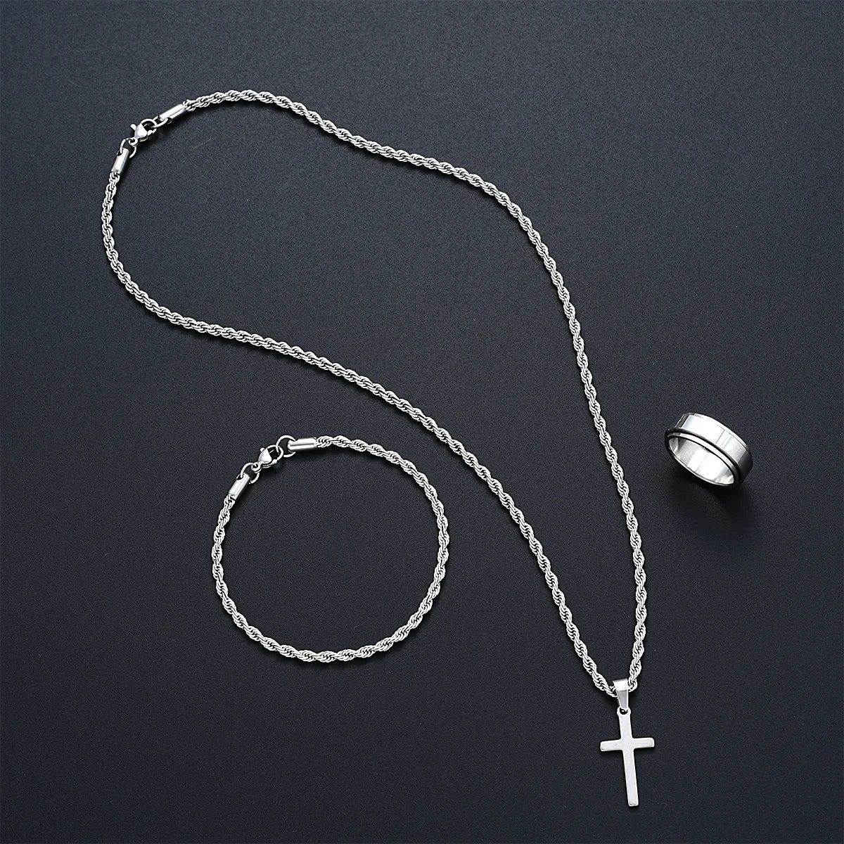 Edelstahl Einfache Schmuck-Set Für Männer Frauen Mode Silber Farbe Kreuz Anhänger Twisted Seil Halskette Armbänder Ring Geschenke