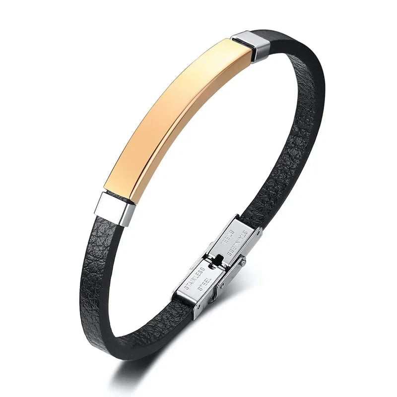 Schlichtes Herren-Armband aus schwarzem Leder, klassische Gold-/Schwarz-/Silberfarbe, geflochtene Armreifen aus Edelstahl für Männer, Geschenk für Freunde