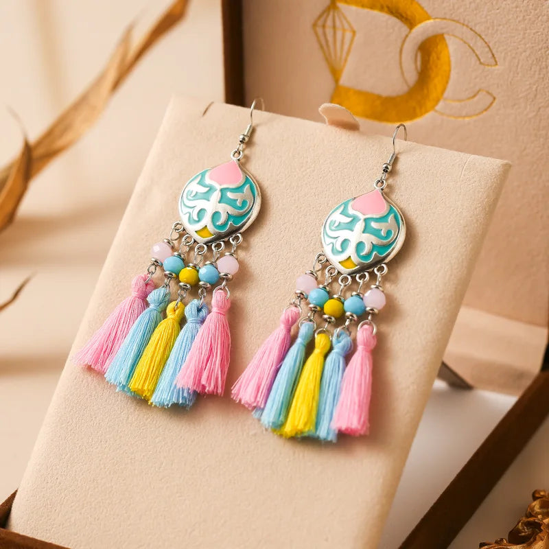 Vintage Ethnische Bunte Quaste Ohrringe für Frauen Elegante Pfirsich Herz Kristall Legierung Ohrring Party Hochzeit Täglichen Schmuck
