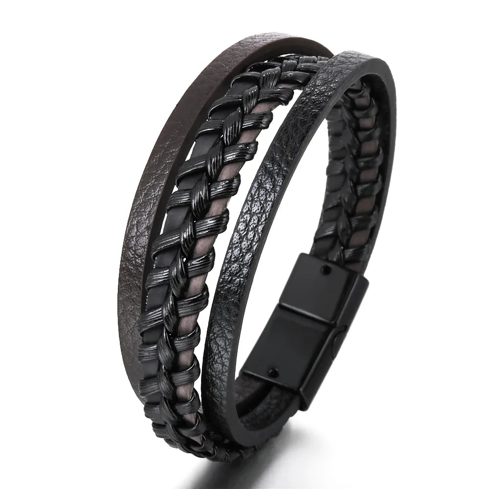 Trendige Lederarmbänder für Männer, Edelstahlarmband, 21 cm, mehrschichtige geflochtene Seilarmbänder für männliche Schmuckgeschenke
