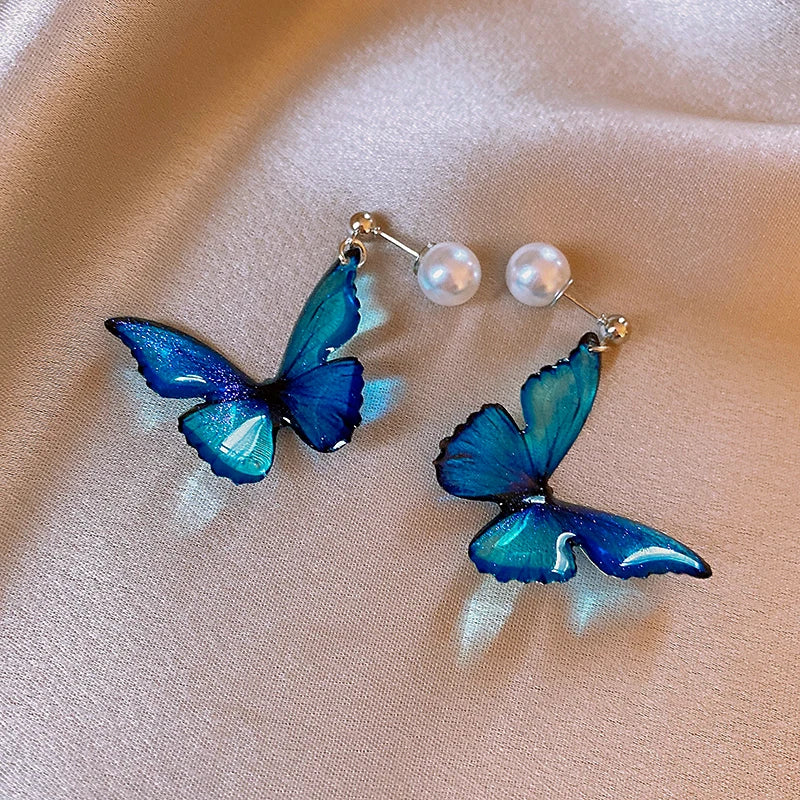 Blaue Schmetterling Halskette Armband Schmuck Set für Frauen Boho Leder Kette Choker Halskette Armreif Imitation Pealr Ohrringe