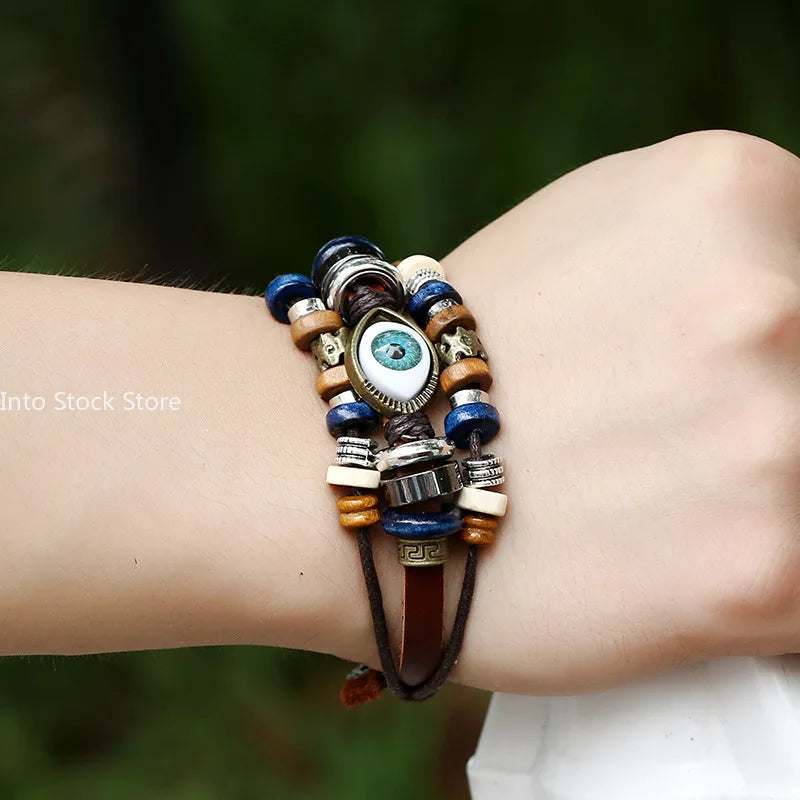 Boho Zigeuner Hippie Design Leder Seil Auge Armband mehr schicht iges Leder gewebt Perlen Armband Unisex verstellbaren Schmuck