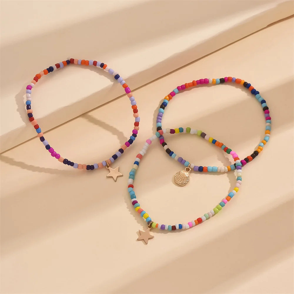 3 teile/satz Regenbogen Perlen Nette Sterne Shell Fußkettchen Für Frauen Multilayer Fuß Ketten Ankle Armband Strand Schmuck Sommer Zubehör