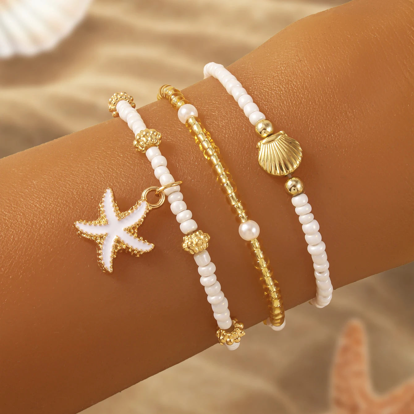 Exquisites Seestern-Muschel-Armband, handgefertigte Rocailles, mehrschichtiges Armband für Damen, Sommer, Strand, Party, Urlaub, Schmuck