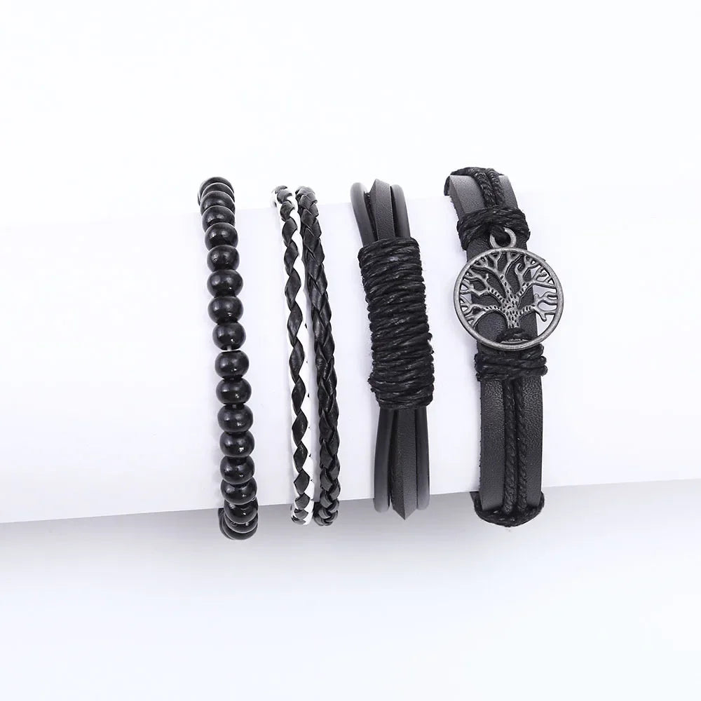 3-4 Stück Vintage Leder Armband Set für Männer Baum des Lebens Charme schwarz gewebte Seil Perlen Kette Wrap Armreif Frauen handgemachten Schmuck
