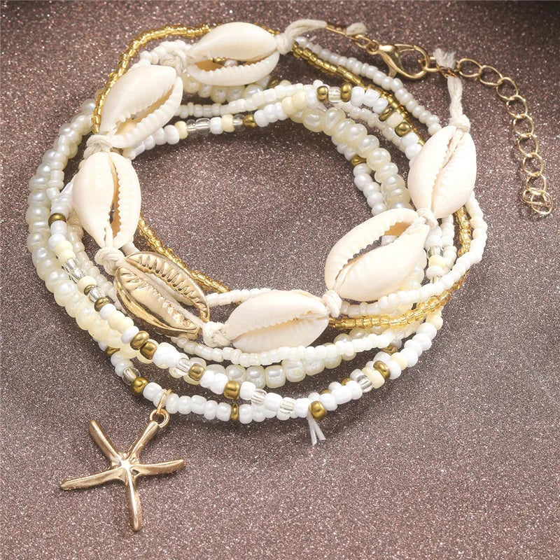 Fußkettchen-Set mit Seestern-Perlen, Perlenkette für Damen, Charm, Fußkettchen am Bein, handgefertigter Schmuck, Geschenke, Sommer, Strand, Mode
