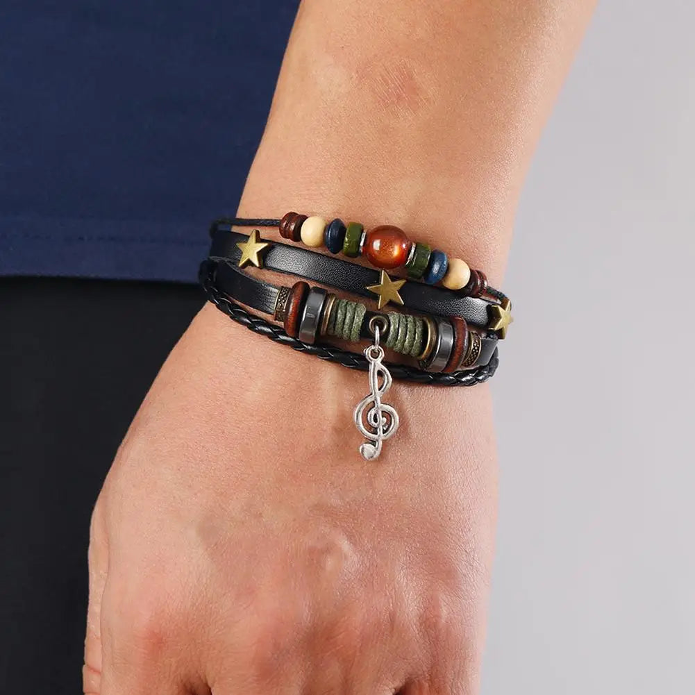 High-end-Männer Und Frauen Perlen Leder Armband Vintage Armband Armband Armband Stern Note Armband Musical Einstellbar Multi F9J3