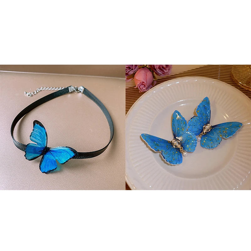 Blaue Schmetterling Halskette Armband Schmuck Set für Frauen Boho Leder Kette Choker Halskette Armreif Imitation Pealr Ohrringe