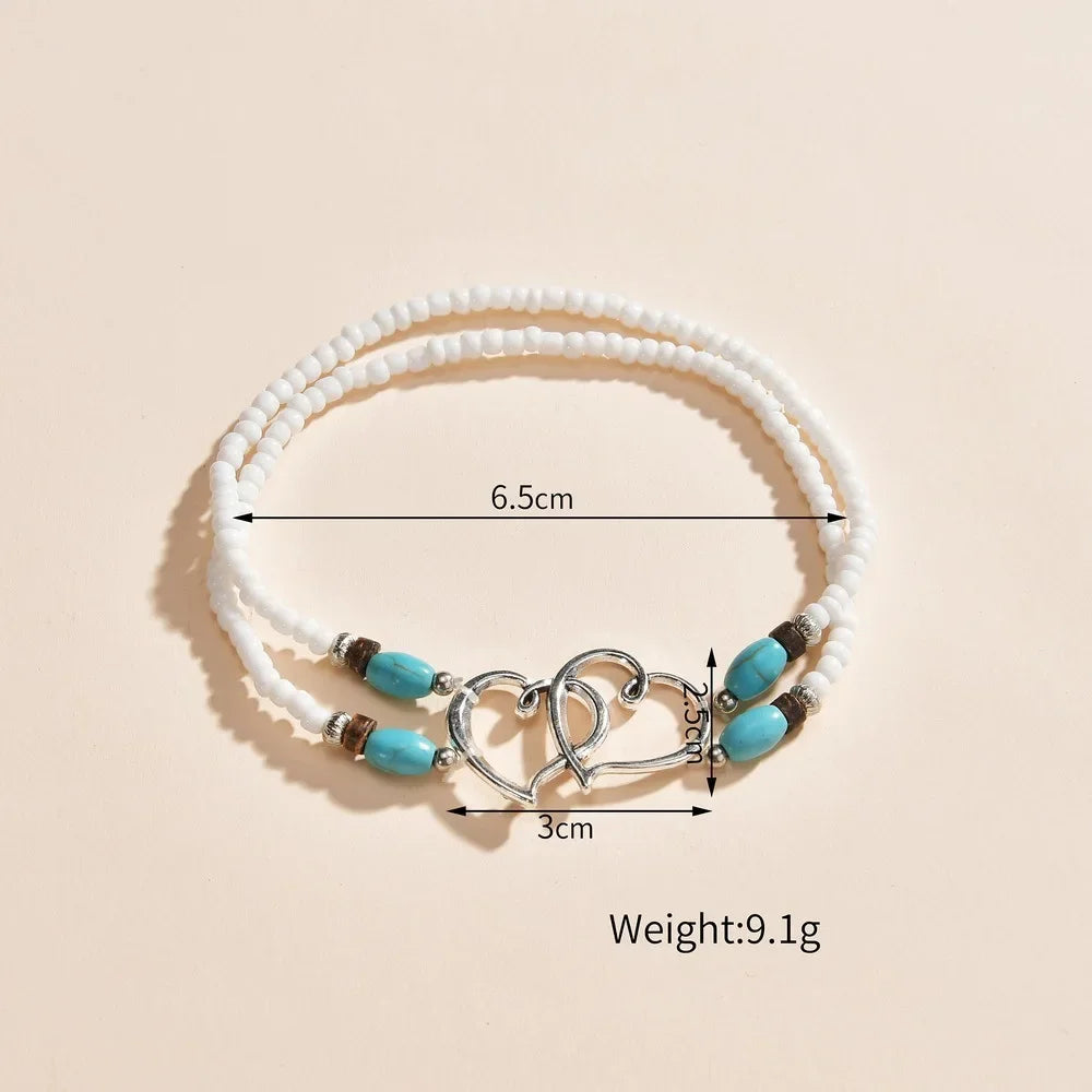 Böhmen Bunte Layered Perlen Fußkettchen Für Frauen Hohl Doppel Herz Charme Knöchel Armband Sommer Strand Urlaub Fuß Schmuck
