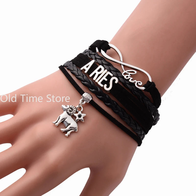 12-Sternbild-Sternzeichen, schwarzes geflochtenes Lederarmband, Krebs, Löwe, Jungfrau, Waage, gewebter Schmuck, Punk-Männer-Anhänger-Armband 2022
