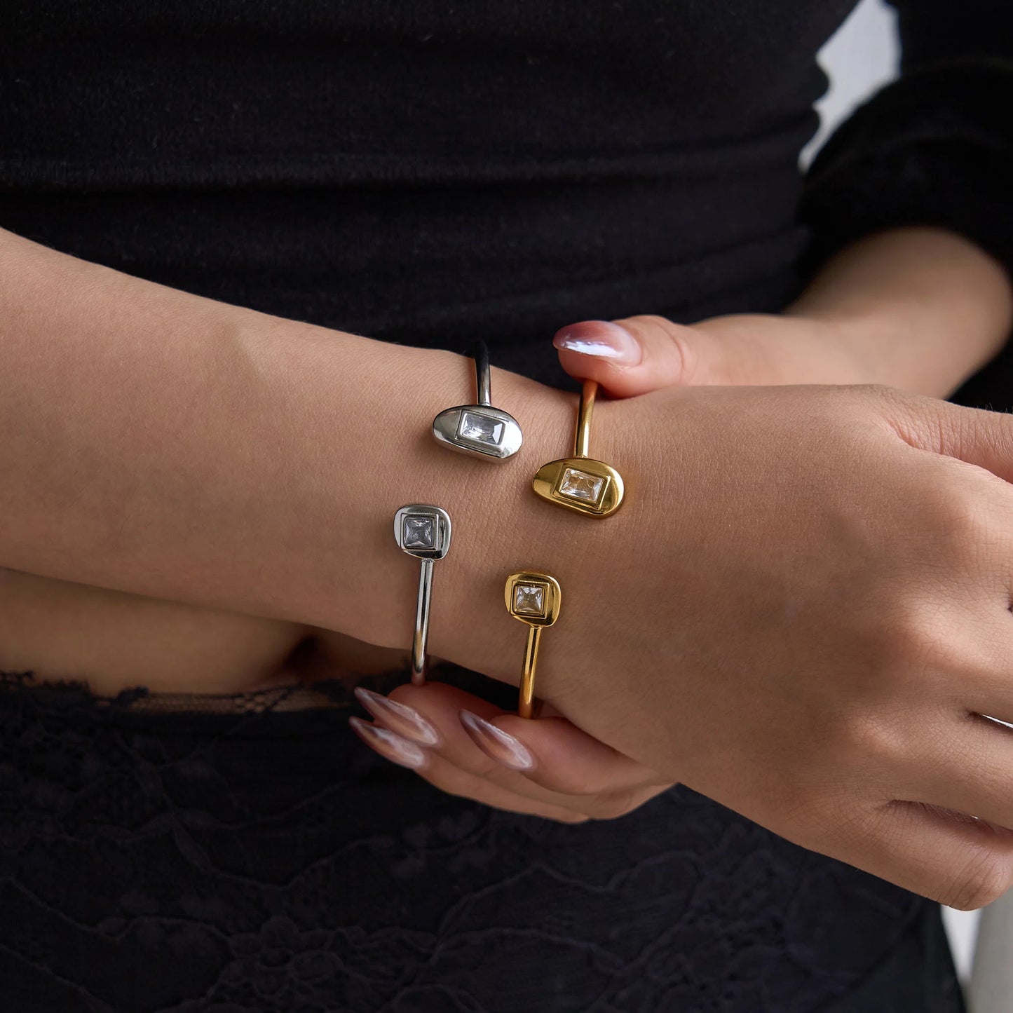 DASEIN Neue 18k Gold Überzogene Edelstahl Manschette Armband Hohe Transparente Zirkon Tänzerin Armreif INS Luxus Handgelenk Schmuck geschenke
