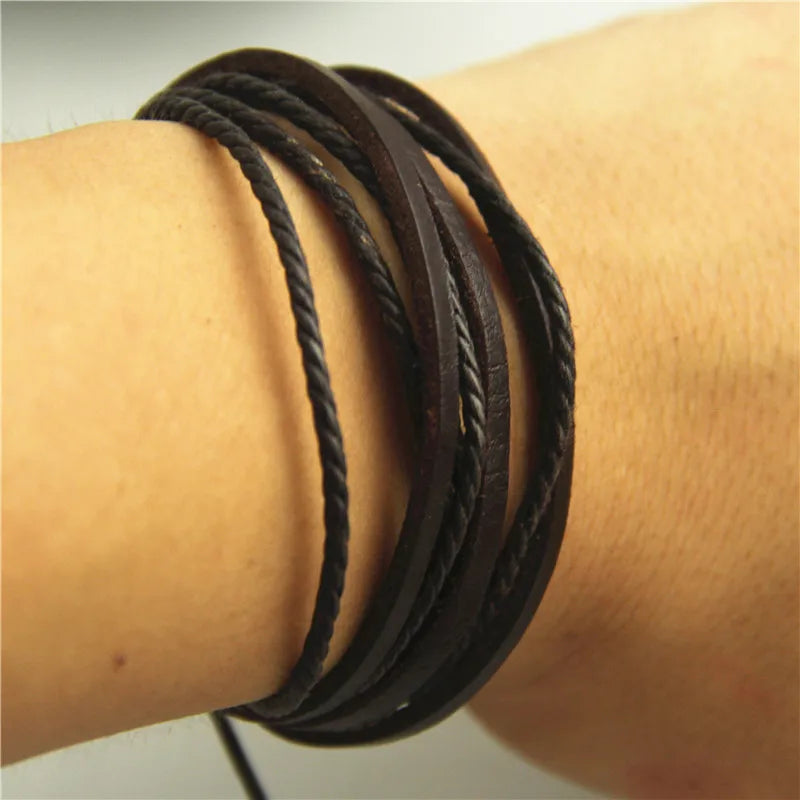 Heißer Verkauf 100% Hand-Woven Mode Schmuck Wrap Multilayer Leder Geflochtenen Seil Armband Männer Armbänder & Armreifen Für Frauen
