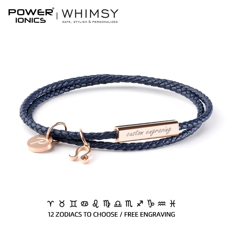 Power Ionics Launen 12 Zodiacs Serie Männer Frauen Echt leder Wrap Charm Armband Geburtstags tag Geschenke kostenlose benutzer definierte Gravur