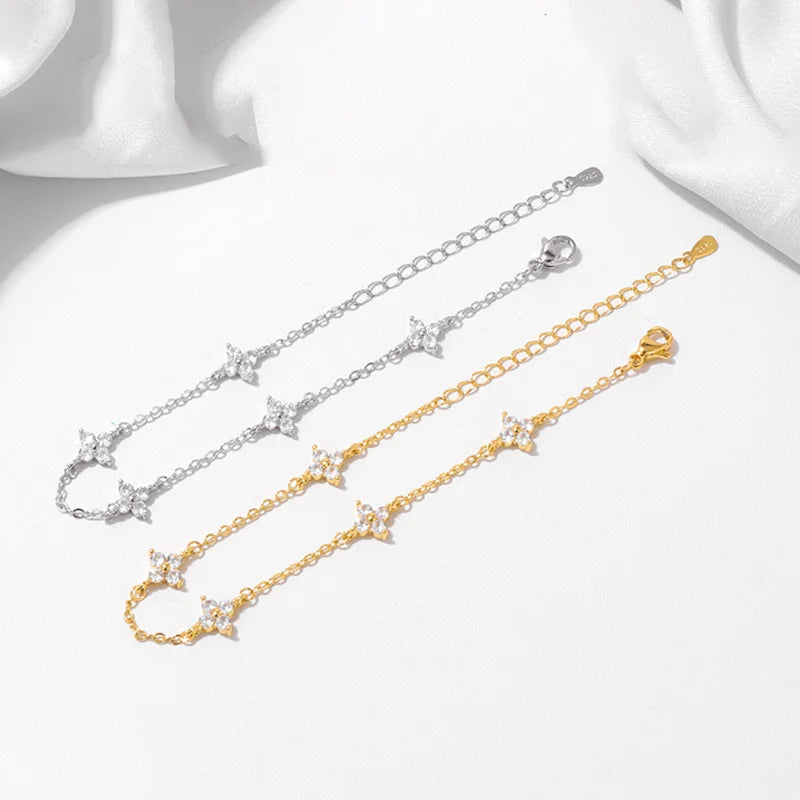 925er Silber vergoldete vierblättrige Blumen-Zirkon-Kettenhalskette für Damen, luxuriöse Kragen-Charm-Halsketten, Trend-Schmuck 2025,