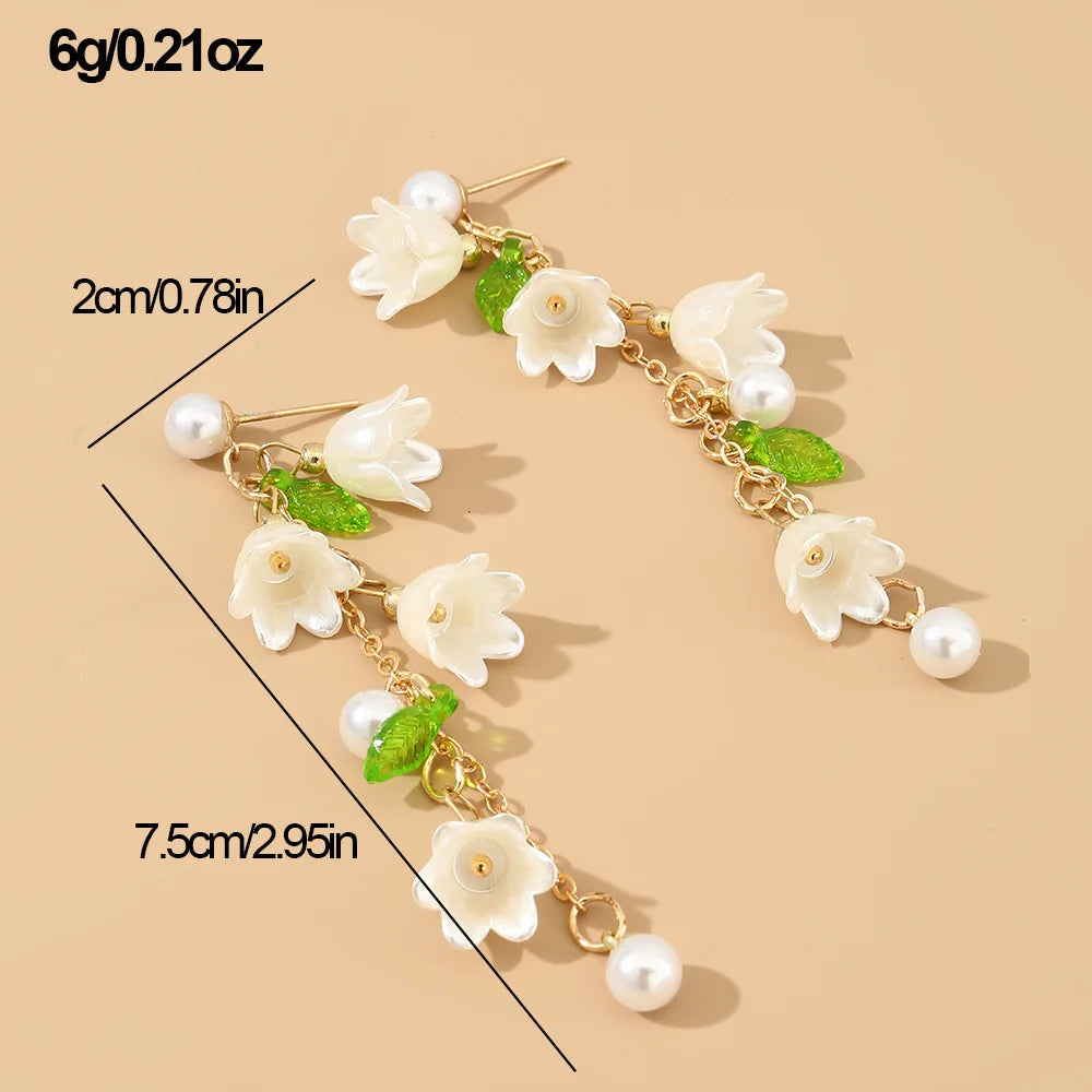 Neue Design Süße Weiße Maiglöckchen Blume Ohrringe für Frauen Elegante Tulpe Quaste Lange Kette Ohrringe Ästhetischen Schmuck