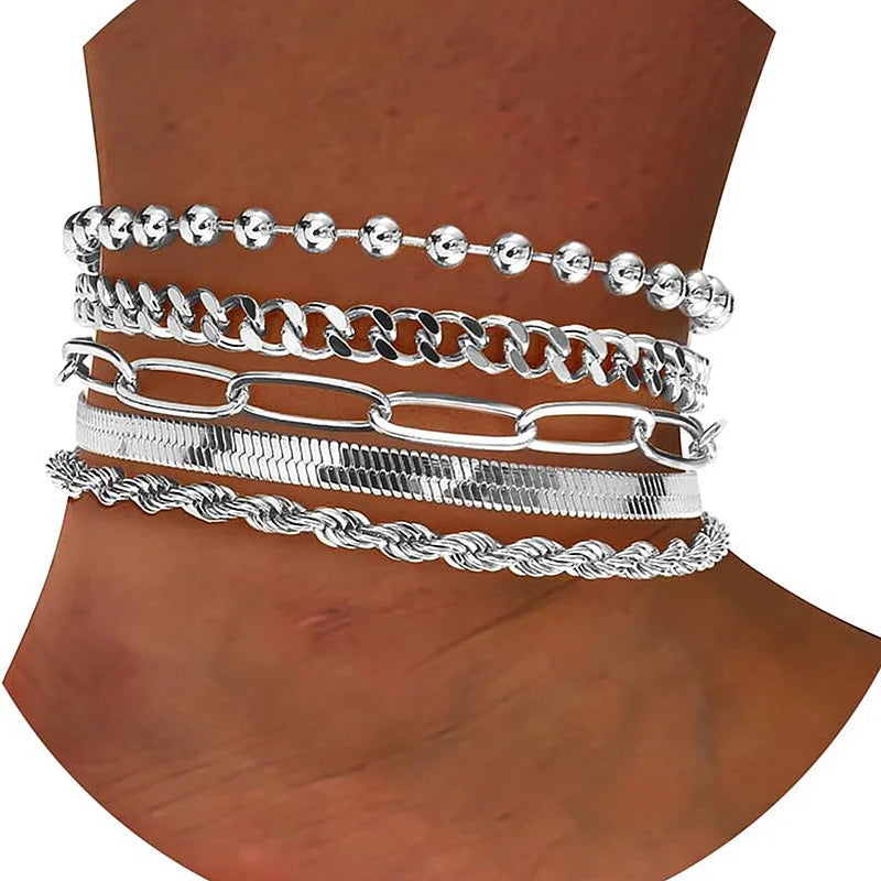 5 Stück/7 Stück 14K vergoldetes Fußkettchen Cuban Link Figaro Büroklammer Seil Fischgrätenkette Fußkettchen Set Geschenk für Frauen Mädchen