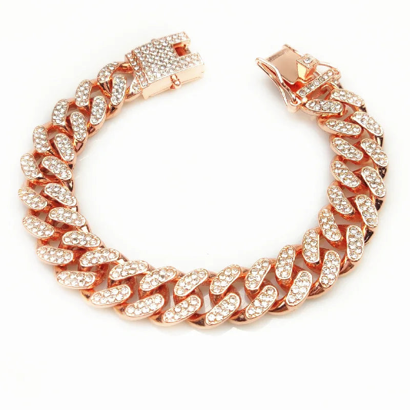 Volle Kristall Stein Kubanischen Kette Hip Hop Armband Für Männer Silber Farbe Metall Link Kette Strass Glück Verschluss Herren Armband