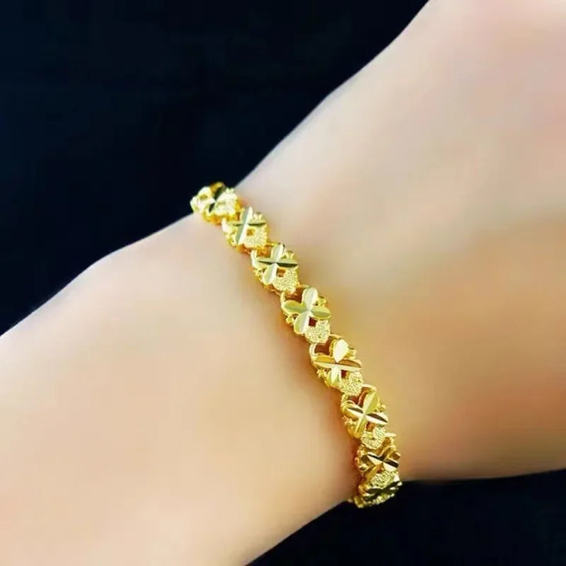 Überzogenes Goldarmband, weiblich, rein vergoldet, goldene Liebe, Glücksperle, Doppel-Herz-Phoenix-Schwanz-Schmetterlings-Armreif, Schmuck
