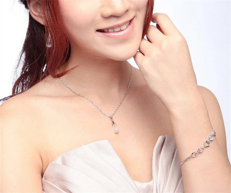 Reines 925 Sterling Silber Schmuck Set einfache weiße rosa Wasser tropfen Opal Katzenauge Steine Anhänger Halskette/Haken Ohrringe/Kette