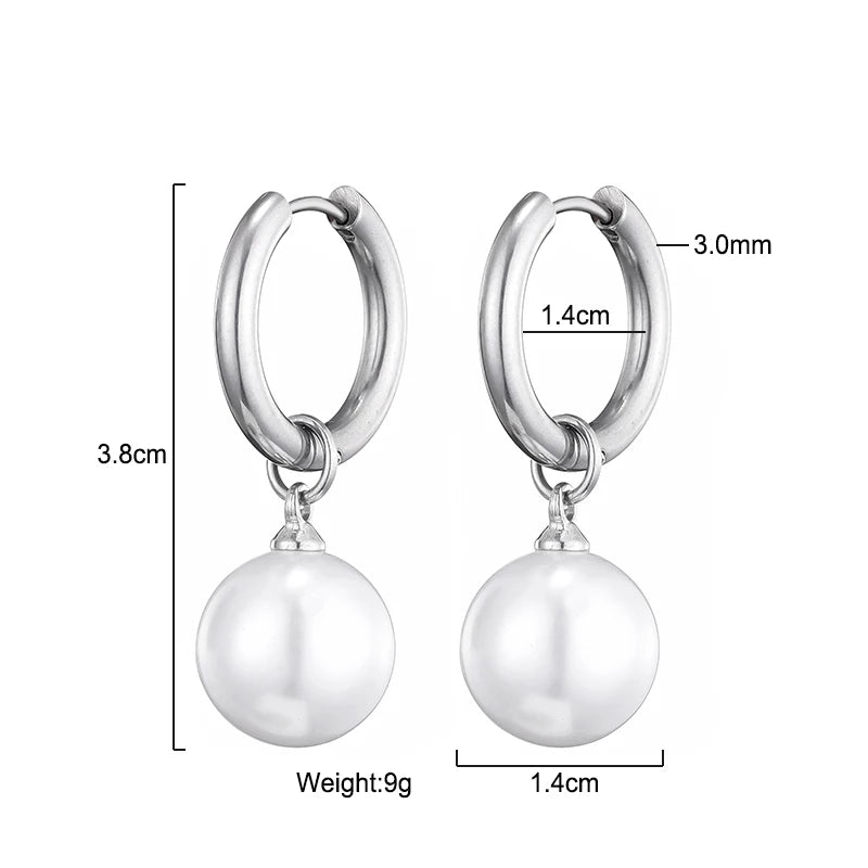 Mode Imitation Perle Anhänger Edelstahl Hoop Ohrringe Frau Runde Weiße Perlen Temperament Elegante Tropfen Baumeln Schmuck
