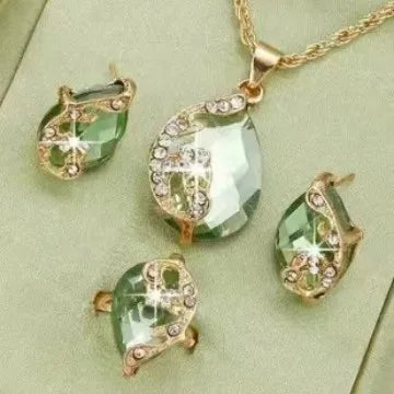 3PCS Pfau Edelstein Dame Schmuck Set Temperament Glänzenden Kristall Waterdrop Halskette Hoop Ohrring Ring Gold Farbe Abend Schmuck