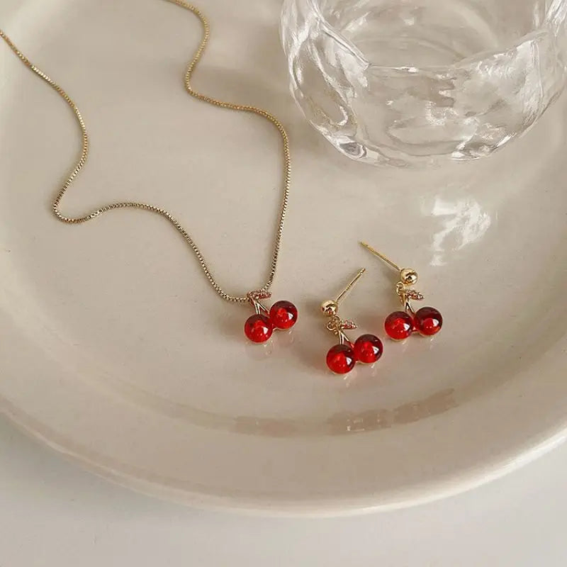 Rote Kirsche Anhänger Halskette Ohrstecker Set Damenmode Obst Halskette Ohrringe Schmuckset für Party Hochzeit Mädchen Geschenke